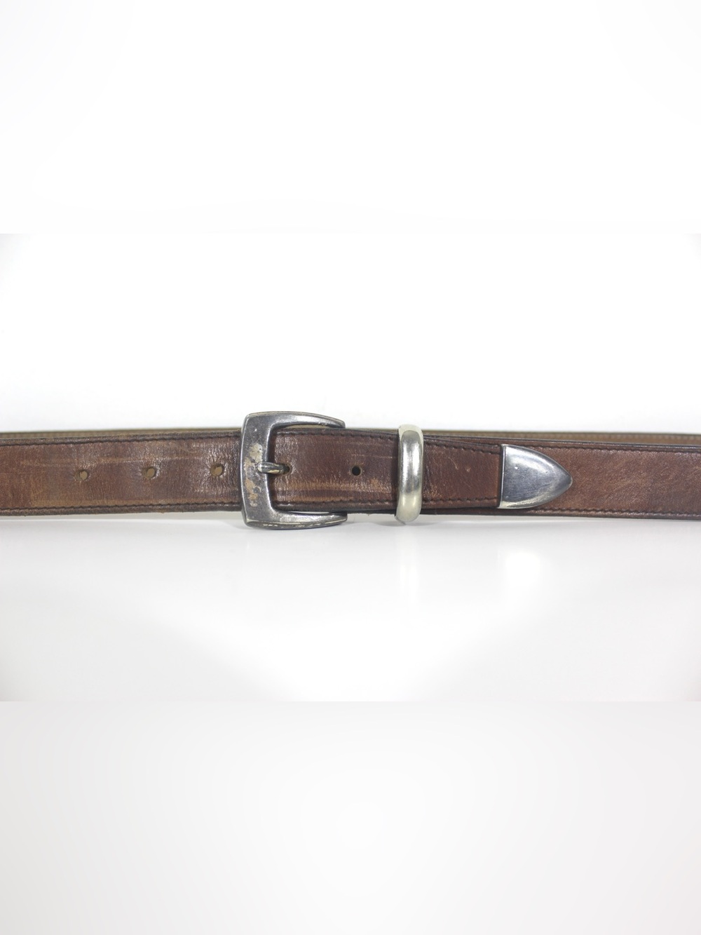 Distressed Tan Brown Leather Belt with Silver Tip Keeper and Buckle Western Men